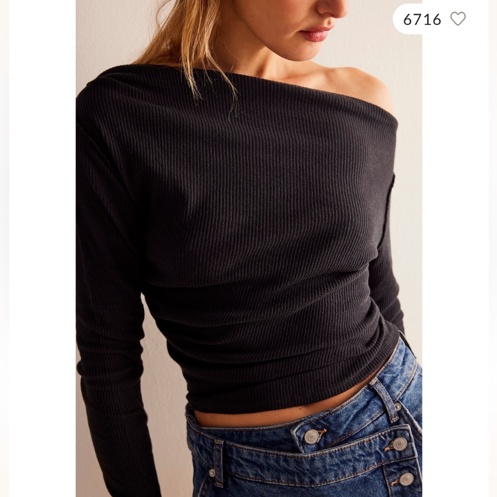 We the free off the shoulder thermal top with thumb holes in camel, worn twice